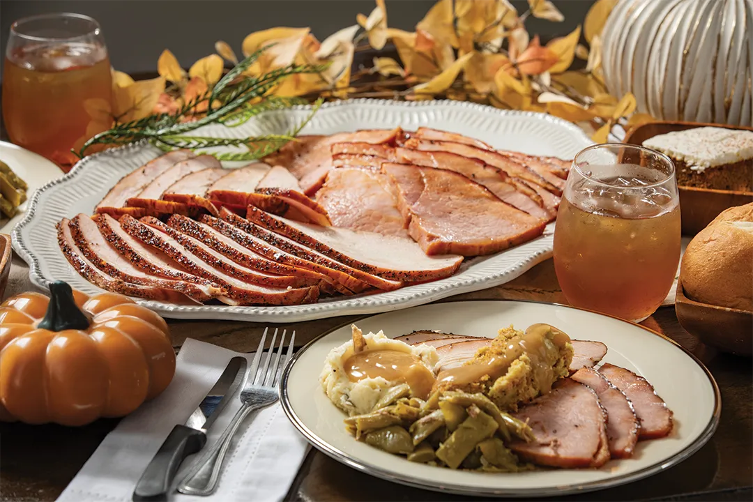 Thanksgiving meal set on table.